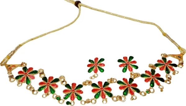 Assamese_Traditional_Gold_Plated_Red_Green_Colour_Golpata_Necklace_Set_For_Women